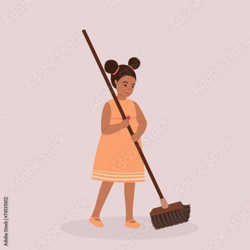 One Smiling Black Little Girl Sweeping Floor With A Broom. Full Length.