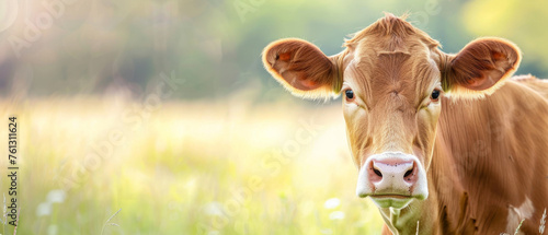 Curious Brown Cow in Sunny Pasture - Farm Animal Portrait
