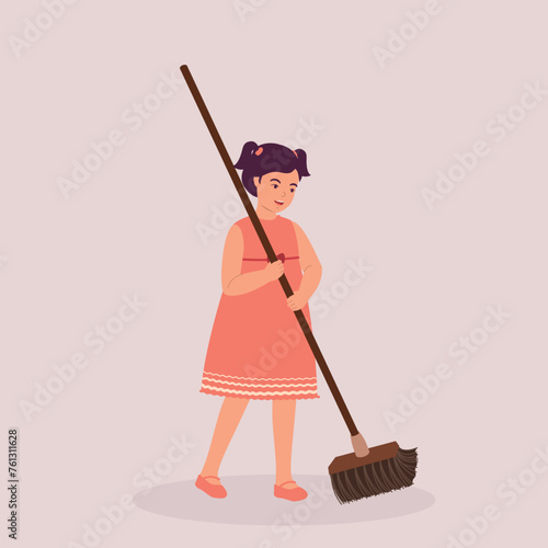 One Smiling Little Girl Sweeping Floor With A Broom. Full Length.