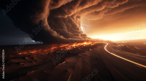 Menacing tornado in lightning storm, showcasing raw power of nature in striking disaster depiction