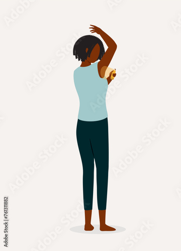 Back View Of A Black Woman Using Deodorant Spray On Her Armpits. Full Length. Flat Design.