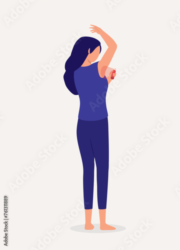 Back View Of A Woman Using Deodorant Spray On Her Armpits. Full Length. Flat Design.