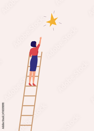 Back View Of A Businesswoman Climbing Up A Ladder To Take The Star. Full Length. Flat Design.