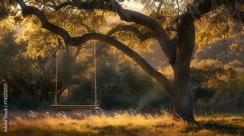 A lone swing hangs from a sturdy tree branch  swaying gently in the breeze against a backdrop of golden hour hues