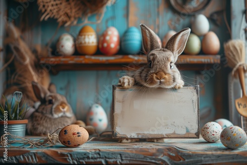 Easter rabbit holding blank board, and showing it to the camera, in his workshop. Easter eggs in the background