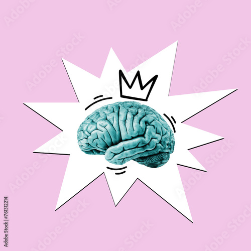 Human brain with a drawn crown on a white background. Art collage.