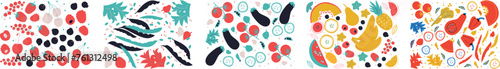  Fruits and vegetables set. Flat abstract vector. Collection fruits, berries and vegetables art
