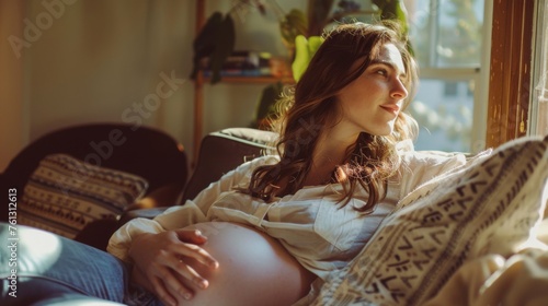 Young pregnant woman against the background of the room. Waiting for the birth of a child