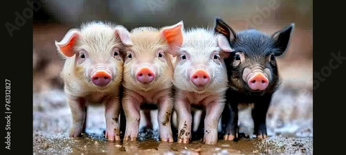Joyful piglets happily frolicking in a muddy puddle, displaying lively and playful behavior