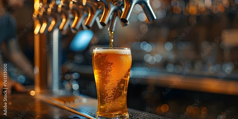 Filling a pint glass with beer from a tap at a bar. Concept Bartender, Pouring Beer, Pint Glass, Bar Atmosphere, Enjoying a Cold One - obrazy, fototapety, plakaty 