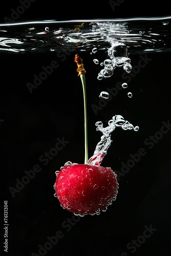 one cherry falls into the water close-up. on a black background. generative ai