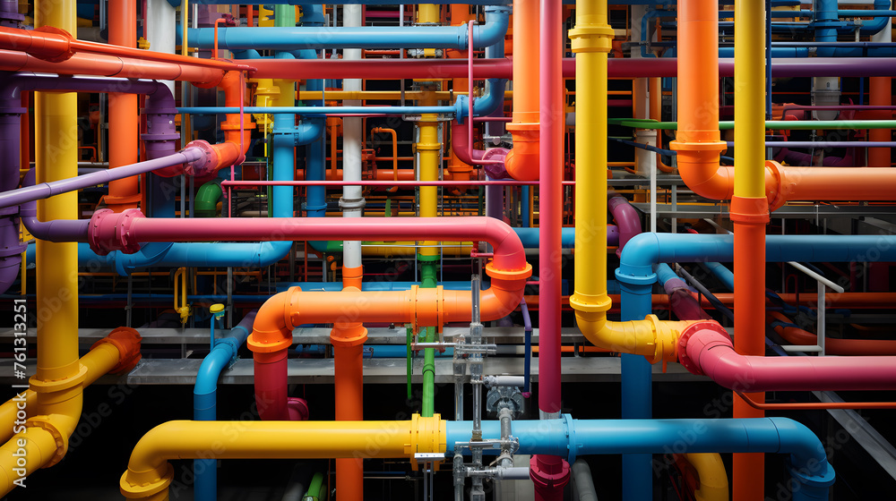 Bright colorful pipes in an industrial plant background