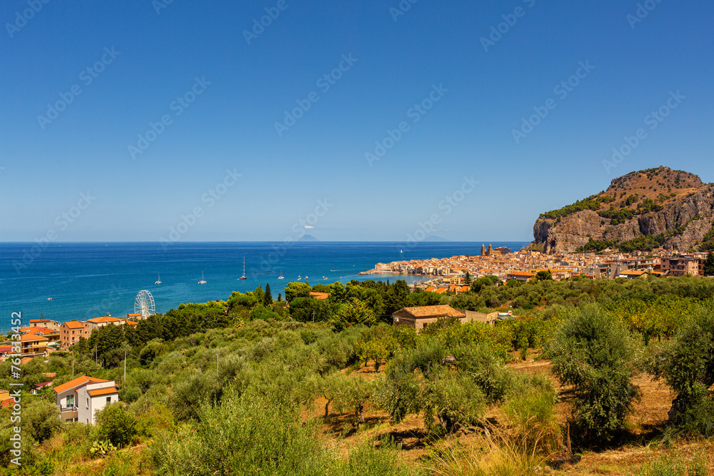 Olive trees are grown in a costal area of Sicily, agriculture in italy. Beautiful panoramic view of Cefalù town on background, Metropolitan City of Palermo.  August 2023.