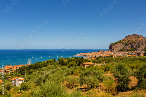 Olive trees are grown in a costal area of Sicily, agriculture in italy. Beautiful panoramic view of Cefalù town on background, Metropolitan City of Palermo. August 2023.