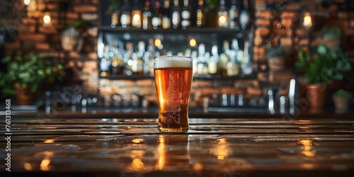 Closeup of a full glass of beer against a bar backdrop. Concept Beer Photography, Glass Closeup, Bar Setting, Refreshing Beverage, Alcoholic Drink