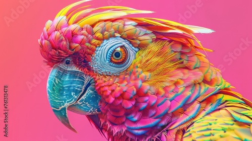 Close-up portrait of a psychedelic parrot enhanced with digital artwork for a surreal, vivid effect photo