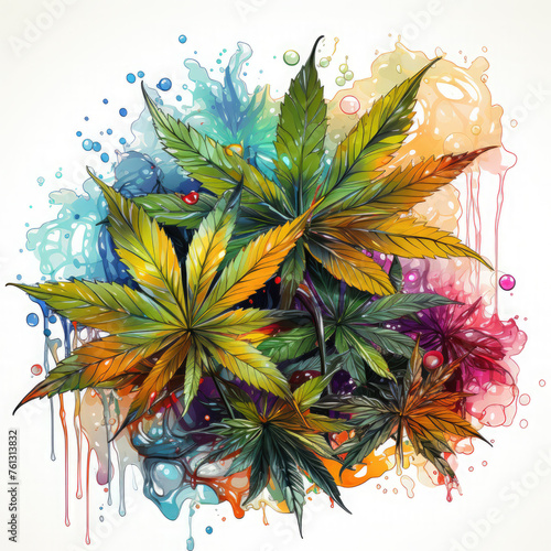 Watercolor Medical cannabis liquid oil splash with hemp leaf, clipart Illustration, Generative Ai