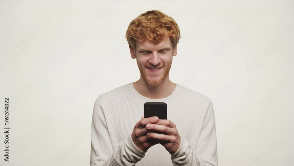 Content Man with Smartphone on White Content Man with Smartphone on White