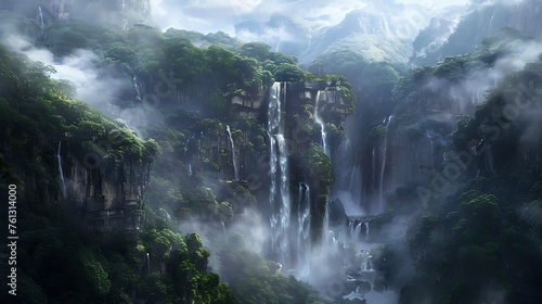 A majestic waterfall cascades down rugged cliffs, enveloped in mist and surrounded by lush greenery