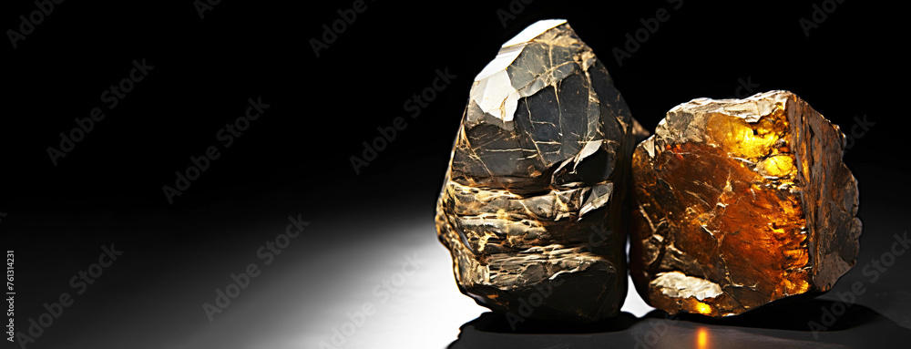 Allingite is a rare precious natural stone on a black background. AI generated. Header banner mockup with space.