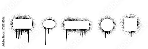 Spray paint frames with splatters and drips. Grunge stencils. Graffiti street art. Airbrush texture banners. Abstract vector black white illustration set