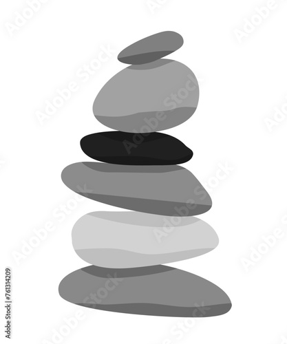 Meditation stone balance pyramid vector illustration. Stacked pebbles black grey colors object isolated on white background