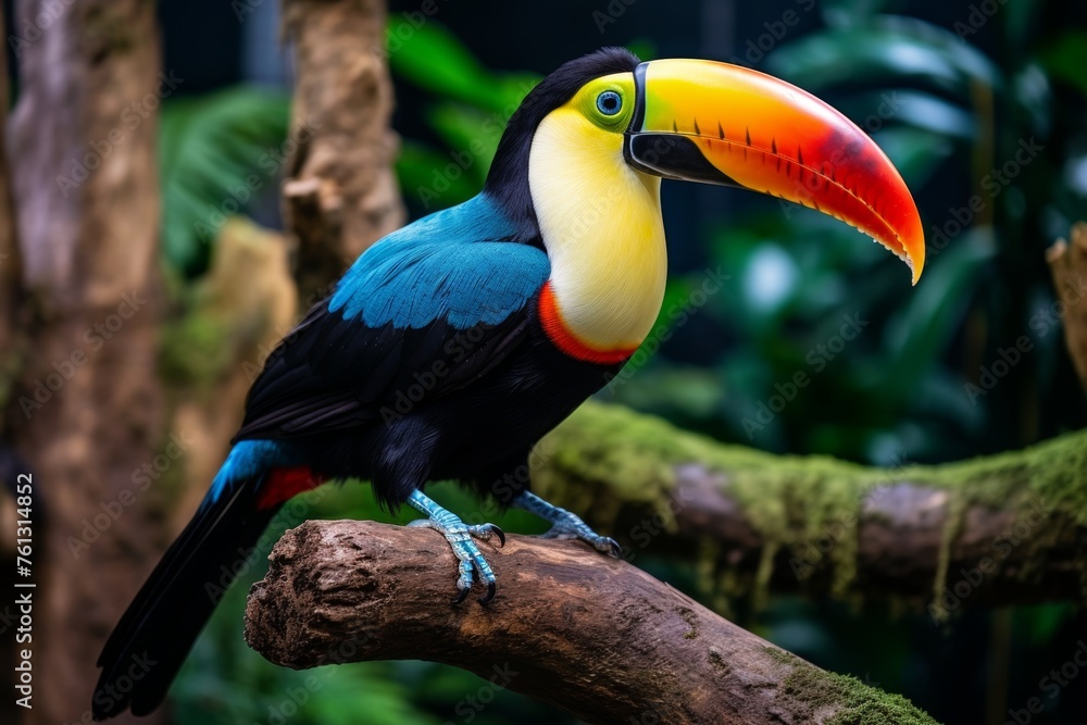 Fototapeta premium Vibrant toucan perched on rainforest tree branch in its natural habitat in the jungle