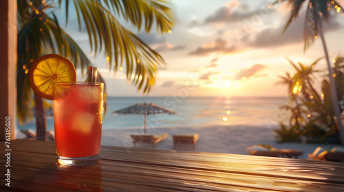Tropical paradise awaits with a refreshing cocktail in hand by the ocean under a bright summer sky