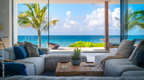 Modern living room with a sofa facing a tropical beach paradise