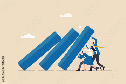 Teamwork to solve problem, team effort help stop crisis, responsibility to stop failure, support or trustworthy or courage to success concept, business people colleagues help stop domino falling.