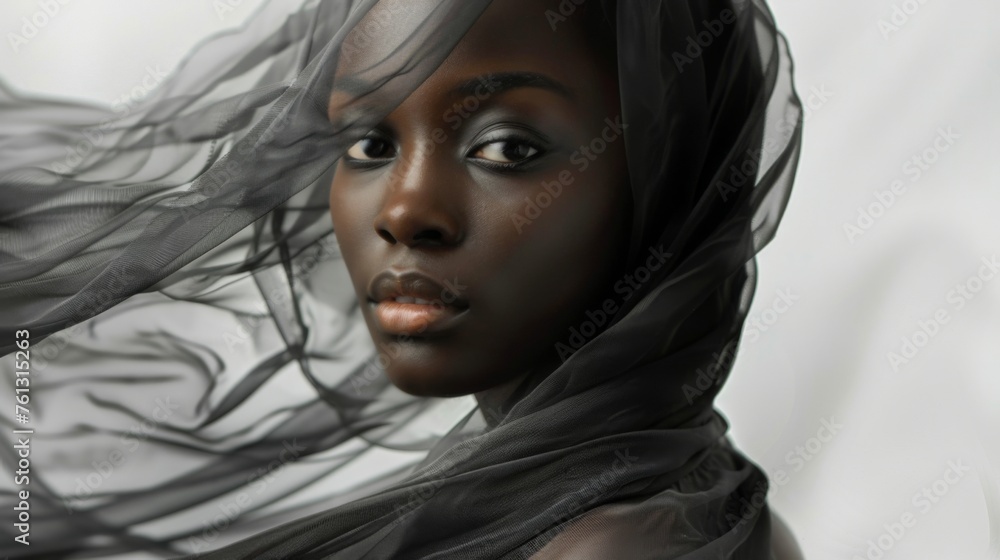 Beautiful young black woman wrapped in transparent fabric. Fluttering veil on a white background