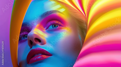 A close-up of a woman s face partially covered with a swirl of vivid rainbow colors  highlighting her features with artistic lighting