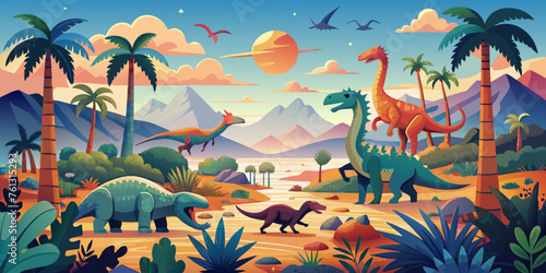 Fototapeta Naklejka Na Ścianę i Meble -  Set of colorful dinosaurs. Vector illustration group of color cartoon dinosaurs