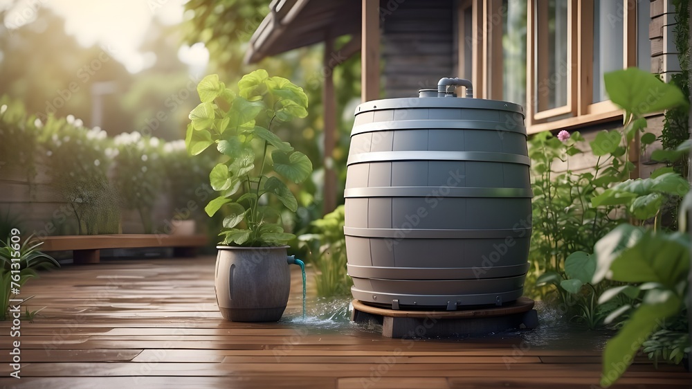 Generative AI, rainwater harvesting system in the garden with barrel ...