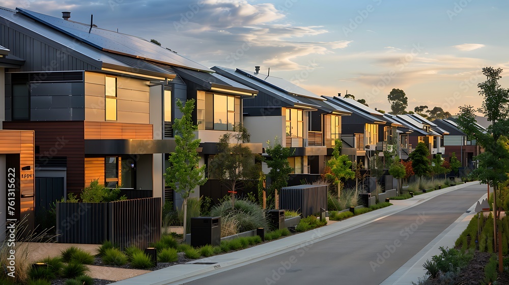 A modern suburban neighborhood with rows of houses equipped with air heat pumps, showcasing sustainable living practices.