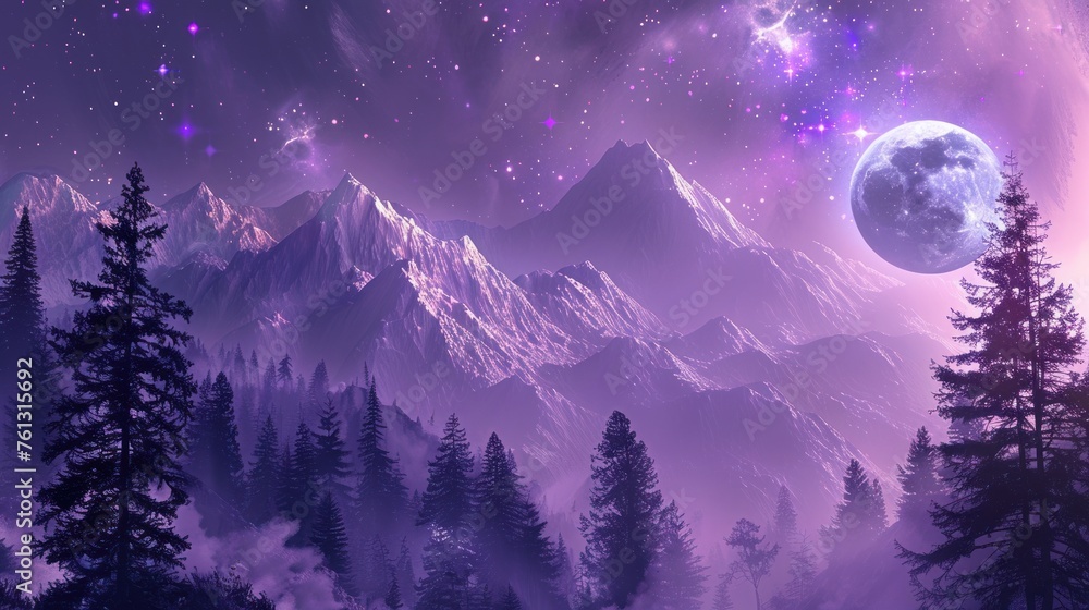 Mountain with pine trees forest with stars and moon galaxies on dynamic purple color. AI generated