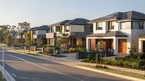 A modern suburban neighborhood with rows of houses equipped with air heat pumps, showcasing sustainable living practices.