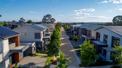 A modern suburban neighborhood with rows of houses equipped with air heat pumps, showcasing sustainable living practices. © Simo