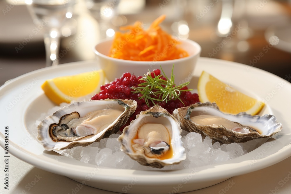 Exquisite presentation fresh oysters with lemon on plate, highlighting gourmet seafood dining Exquisite presentation fresh oysters with lemon on plate, highlighting gourmet seafood dining