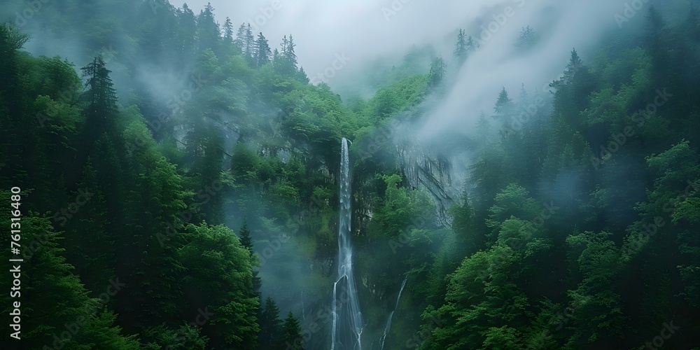 Aerial view showcases breathtaking waterfall in verdant mountain forest surroundings. Concept Nature Photography, Aerial View, Waterfall, Mountain Forest, Landscape Beauty
