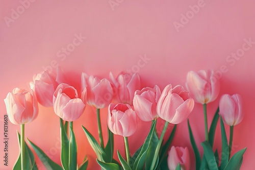 Delicate bouquet of pink tulips on pastel background, perfect for spring celebrations. Valentine's day, Easter, Birthday, Happy women's day, Mother's