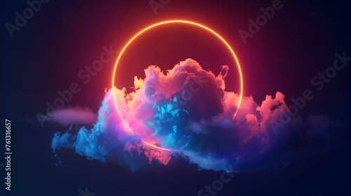 Abstract cloud encircled by a neon light ring in a dark night sky  3d rendered round frame