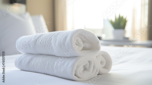 a white stack of towels in the hotel room. close-up
