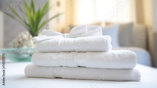 a white stack of towels in the hotel room. close-up © inthasone