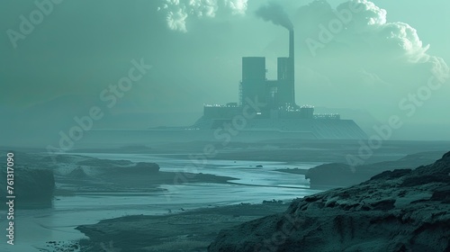River pollution by nuclear power station Environmental degradation warning. Generated AI
