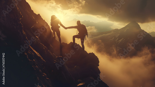 Silhouette image of a hiker extending a helping hand to their friend as they ascend towards the mountain summit, concept evoke feelings of triumph and solidarity 