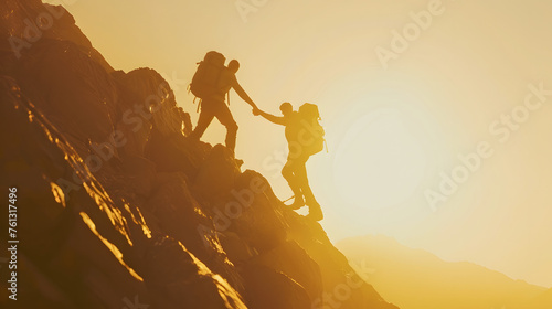 Silhouette image of a hiker extending a helping hand to their friend as they ascend towards the mountain summit, concept the power of teamwork and perseverance