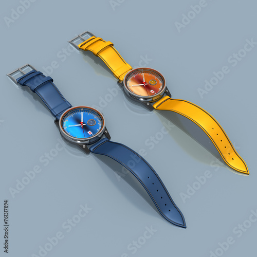 3d Stylische Armbanduhr für Mann und Frau mit blauen, gelben  Armband auf blauen Hintergrund, freigestellt.	