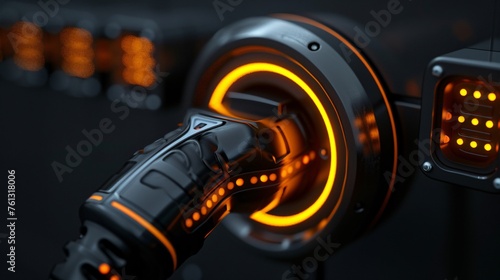 macro photo of Charging connector for electric car, dark backdrop, black and orange color, text copy space photo
