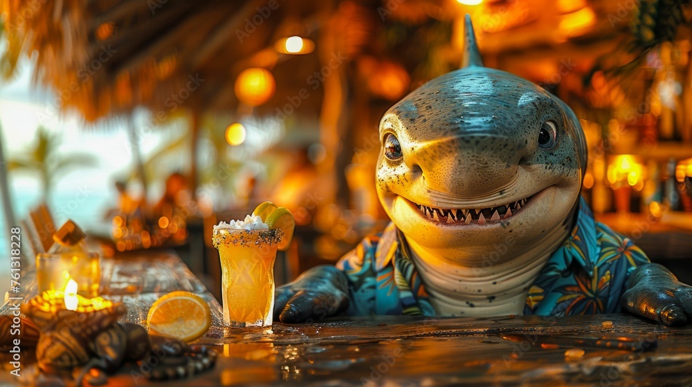 Anthropomorphic Shark Enjoying a Cocktail at a Bar. Generative ai - obrazy, fototapety, plakaty 